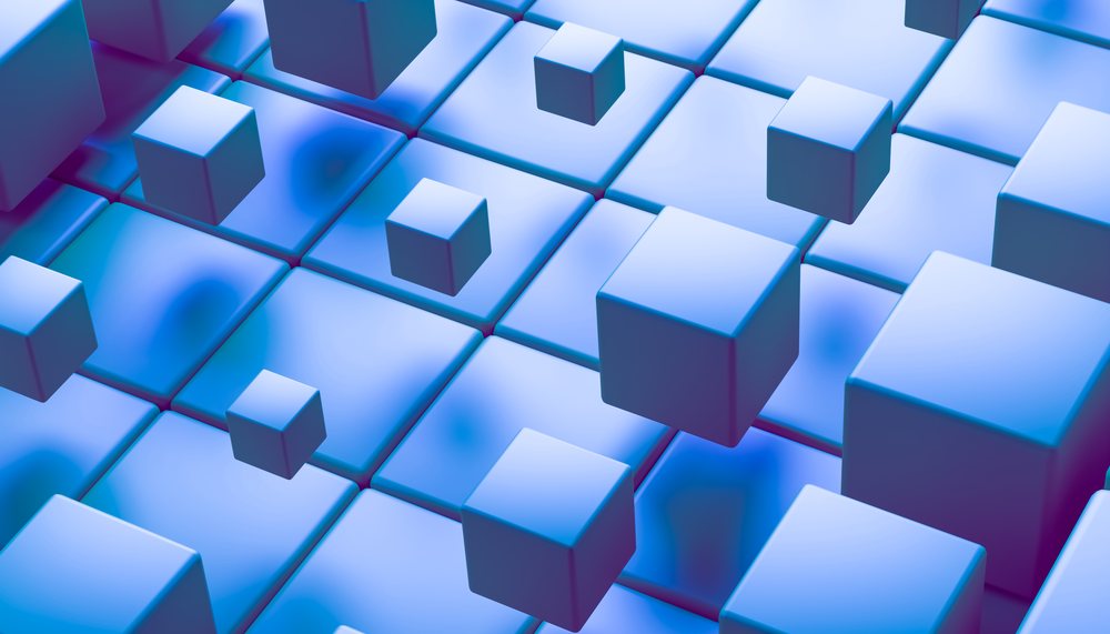 Blue 3D cubes float above a grid of matching blue cubes in an abstract digital render wallpaper.