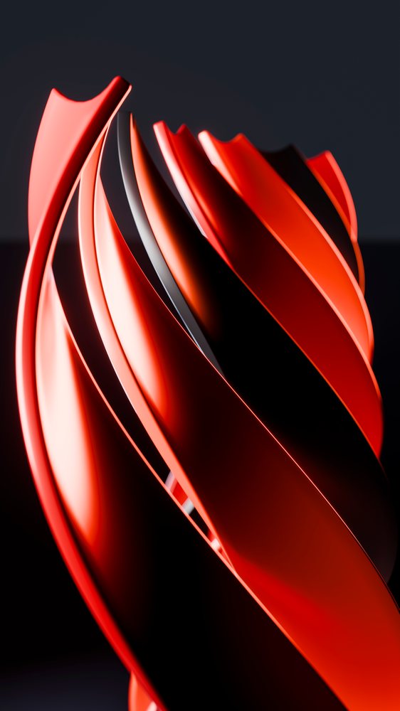 Red abstract curved sculpture with glossy surfaces against a black background in a digital 3D art illustration.