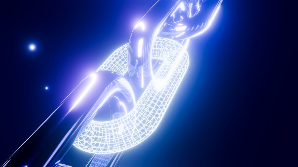 Close-up of interconnected metallic and wireframe chain links glowing under blue light against a dark background.