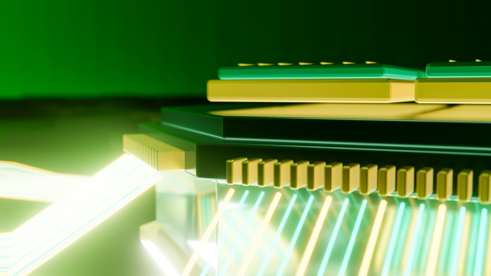 Close-up of a computer chip with glowing lights and lines illustrating digital data transfer against a green background.