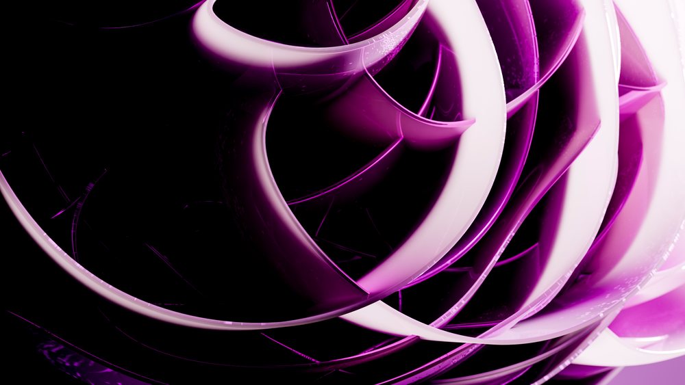 Abstract purple curved spiral shapes form a modern artistic design with smooth reflective surfaces.