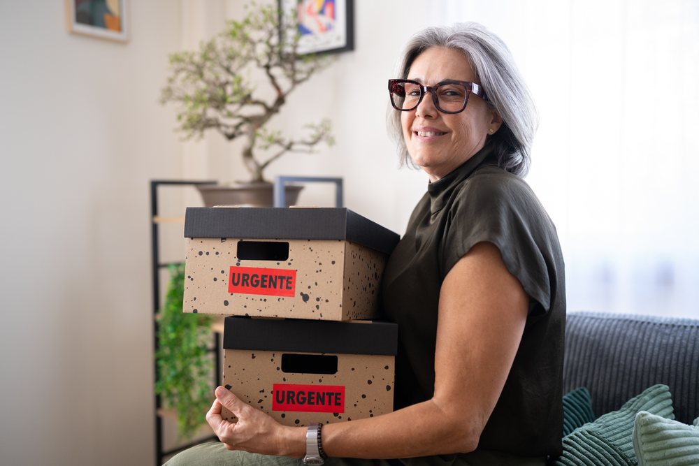 Smiling middle-aged woman with gray hair and glasses holds two cardboard boxes labeled urgente in a sunlit living room with bonsai and potted plants visible, Spain.