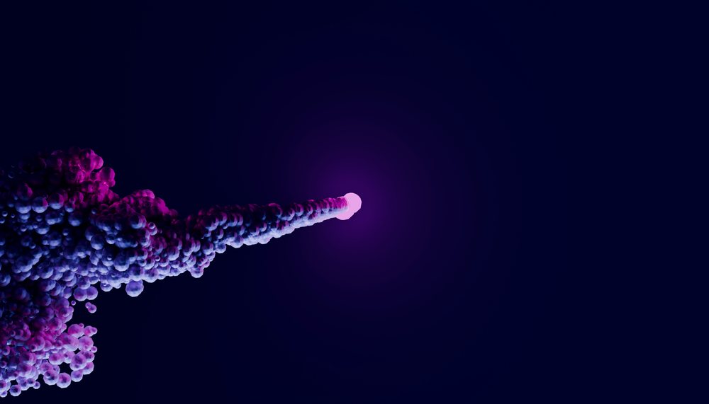A glowing purple smoke plume streams against a dark blue background