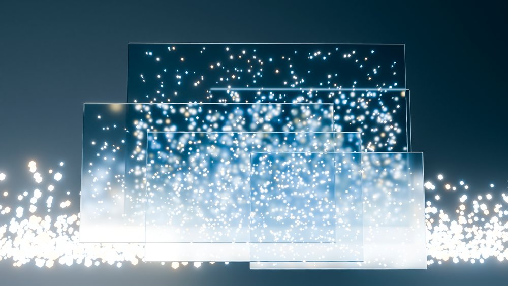Floating transparent glass panels amid glowing blue and white light particles on a dark background in a digital 3D illustration.