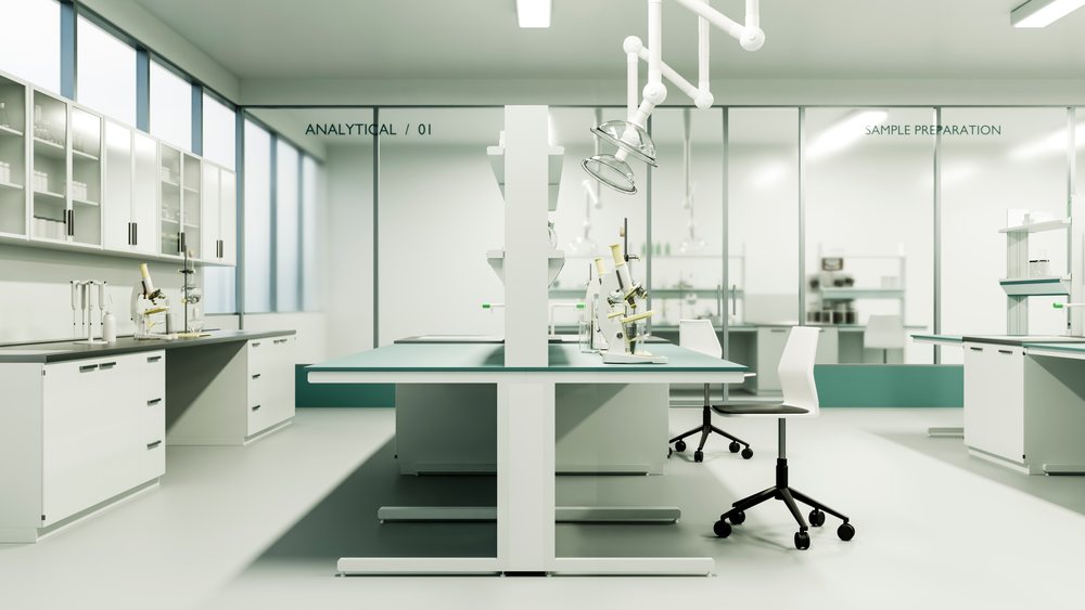 Clean modern laboratory with microscopes on tables and rolling lab chairs in analytical and sample preparation sections.
