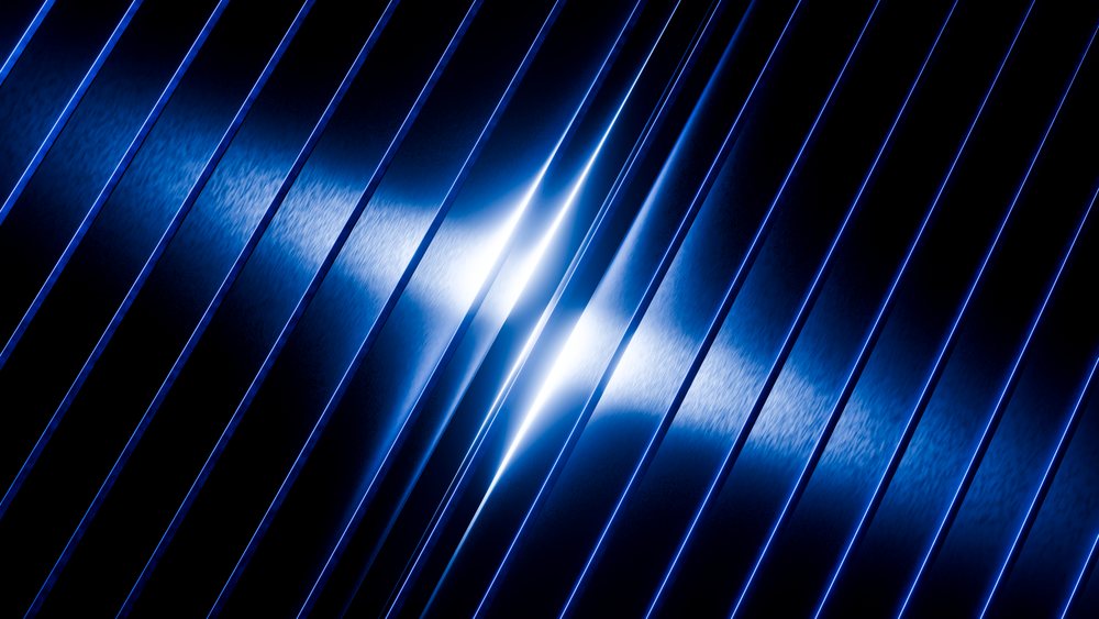 Abstract blue metallic diagonal lines with shiny light reflections and shadows against a dark background.