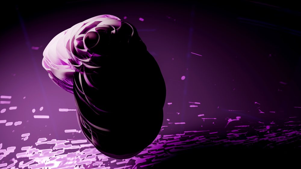 Digital abstract floating shape with purple glow on dark background.
