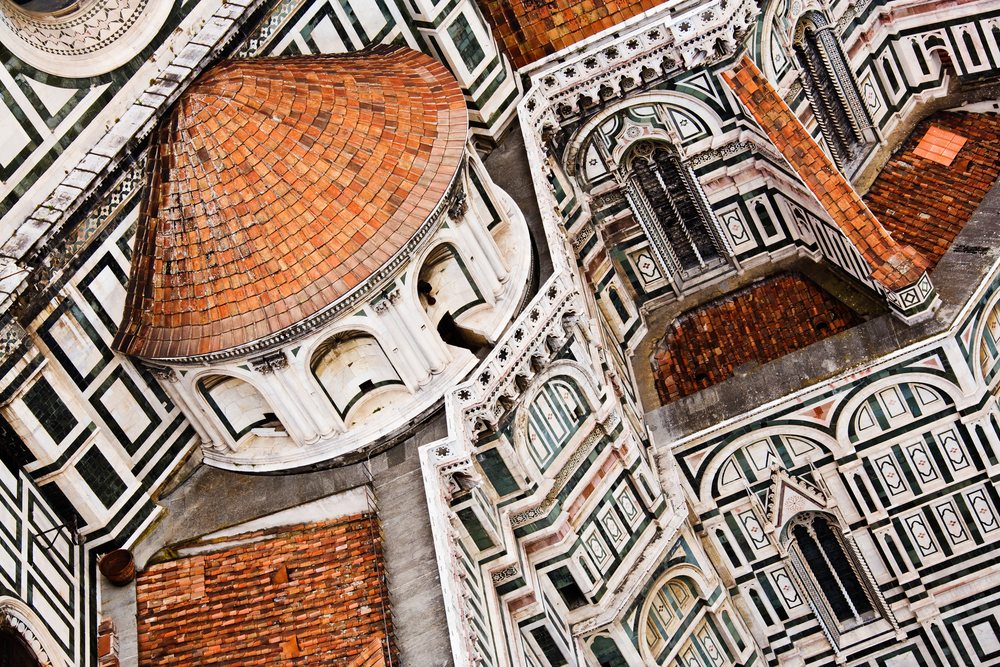 Ornate architectural detail of Santa Maria del Fiore cathedral, Florence, Italy.