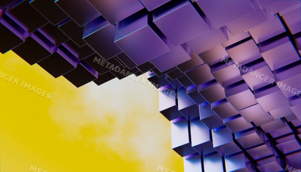 3d abstract cubes in purple and blue colors with a yellow background