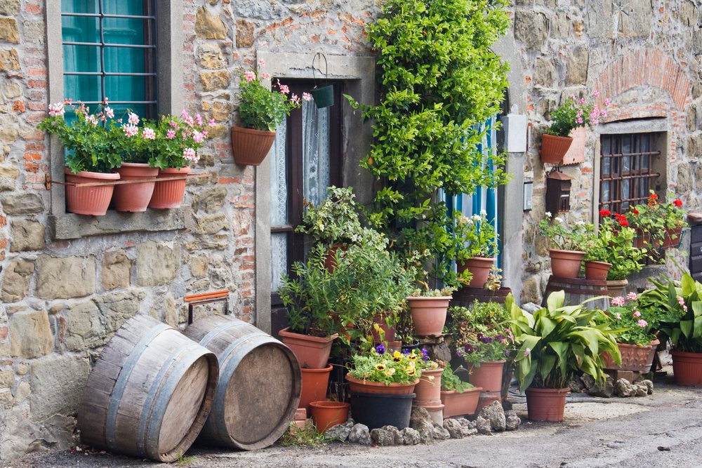 Potted plants and wooden barrels outside a rustic stone building, Tuscany, Italy.