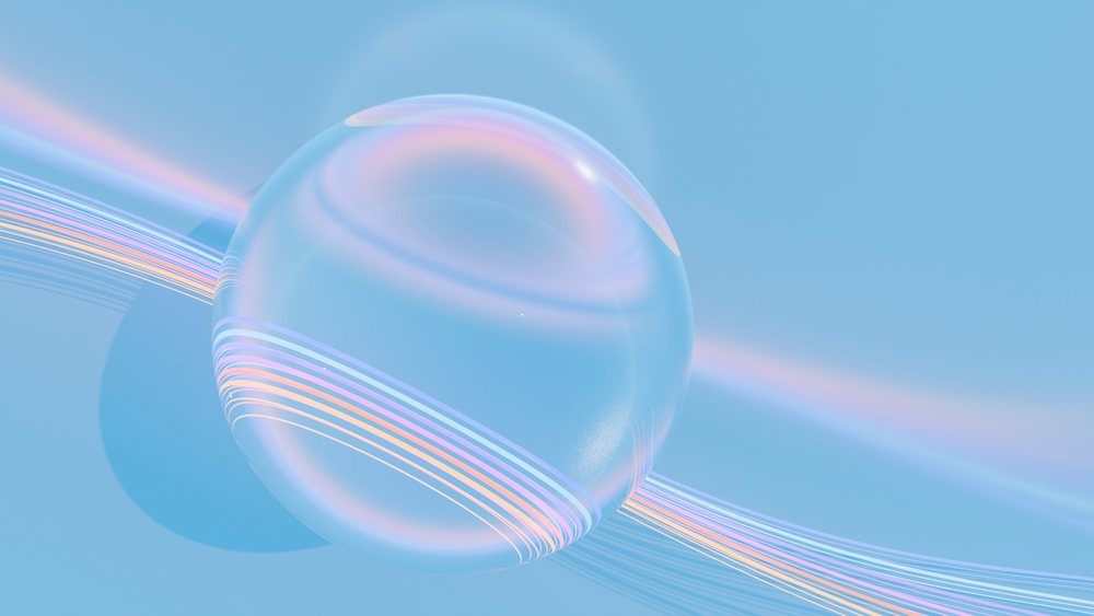 Transparent sphere with pastel-colored rings and light effects on a soft blue background in a digital 3D illustration.