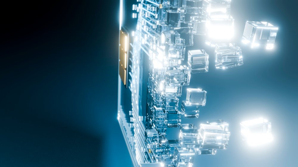 3D illustration of a glowing microchip with floating transparent cubes representing digital data and futuristic technology.