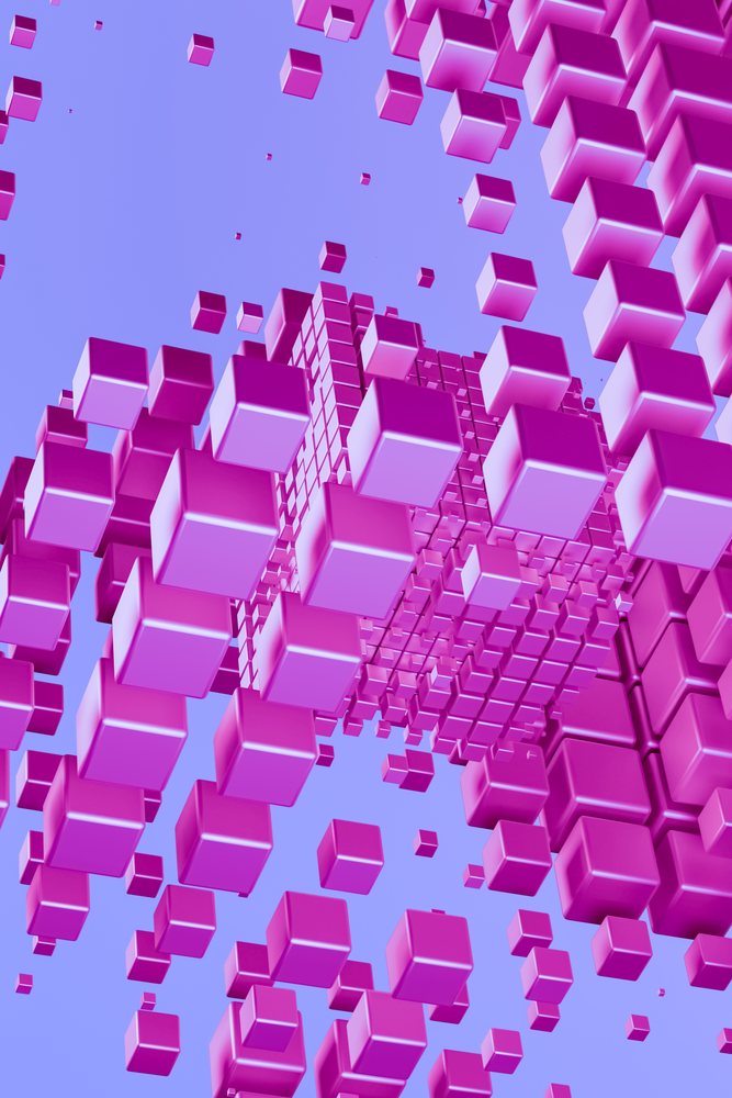 Floating pink 3D cubes forming an abstract geometric pattern on a purple background.