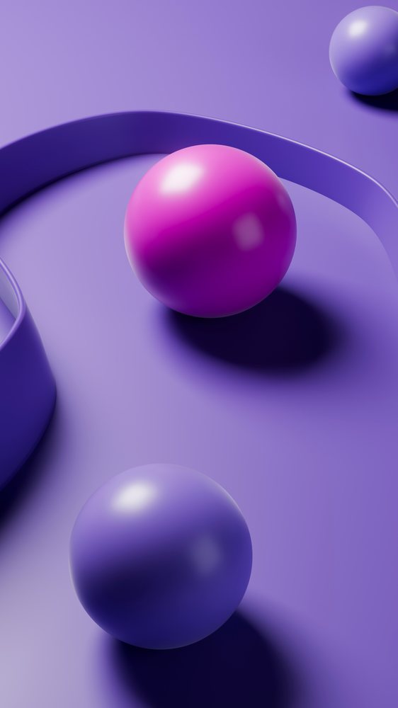 Minimalist 3D illustration of shiny pink and purple spheres on a smooth purple surface with a curved decorative element.