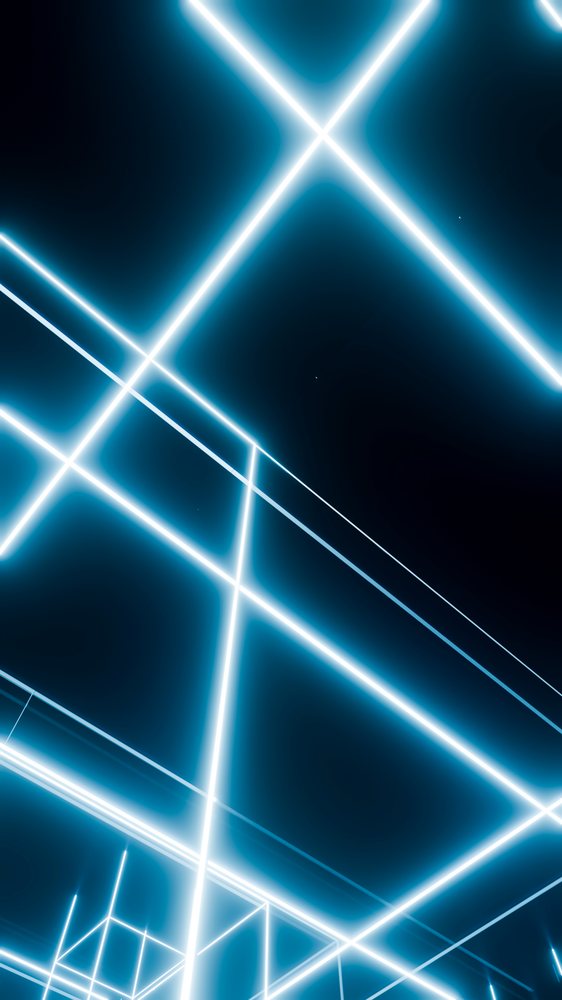 Glowing intersecting neon blue light lines form an abstract digital art composition on a dark background.