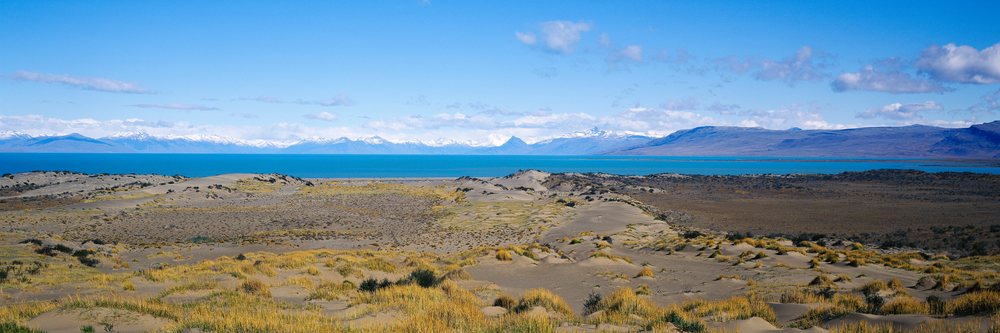 Lago Argentino lake with snow-capped mountains and plains in Los Glaciares National Park, Patagonia, Lago Argentino Los Glaciares National Park Patagonia, Argentina.