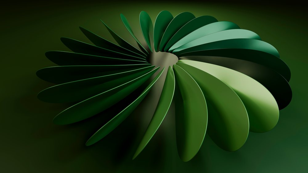 Abstract green elongated oval shapes forming a spiral ring with smooth matte surfaces on a dark background.