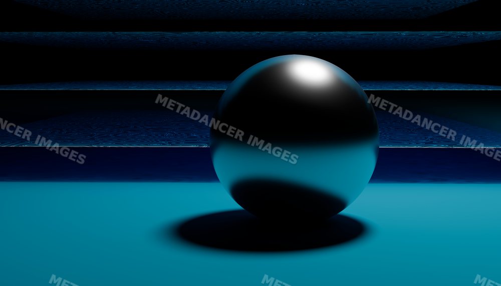 A shiny metallic sphere sits on a blue surface in a minimalist setting
