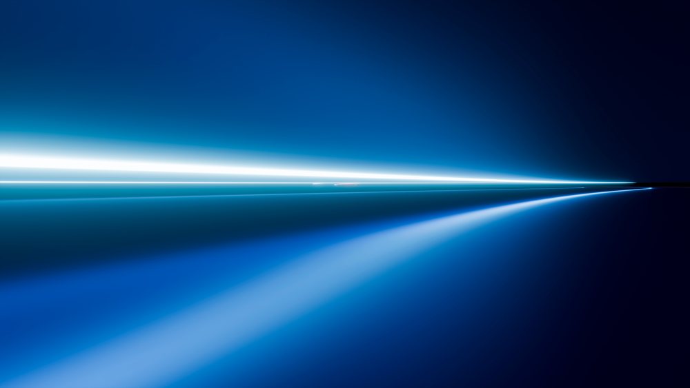 Blue glowing horizontal abstract digital light lines with reflections on a dark background.