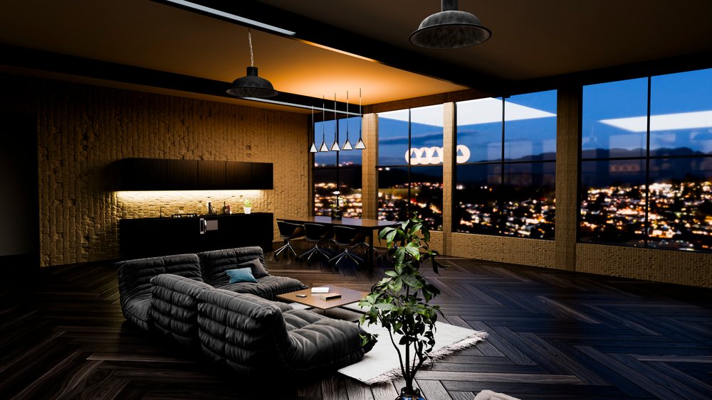 Modern living room featuring a black sofa, coffee table, dining area with pendant lights, and large windows showcasing a cityscape at night.