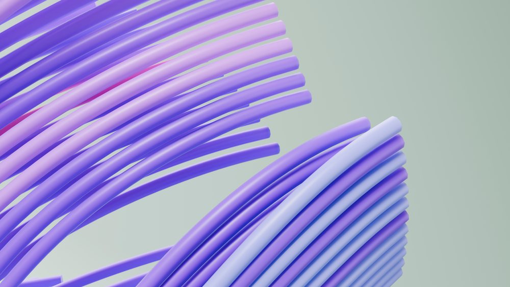 Smooth flowing purple and light purple curved tubes create an abstract minimalist 3D digital illustration.