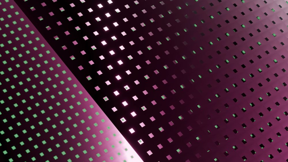 Purple perforated metal sheet with square holes illuminated by backlight showing a geometric industrial pattern.