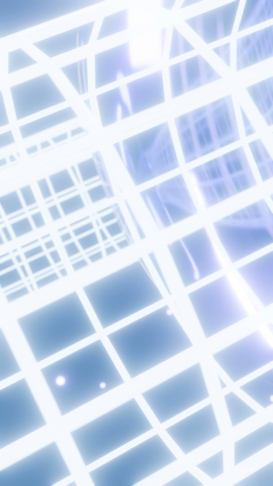 White glowing grid with blue luminous squares forming an abstract digital network pattern in virtual space.