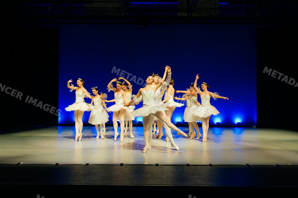 Ballet dancers perform a classical dance on stage