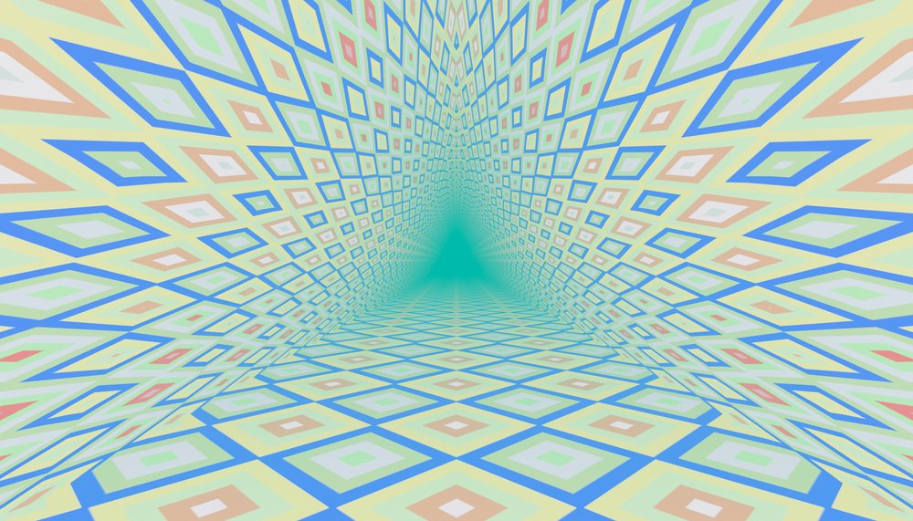 Abstract tunnel featuring colorful diamond-shaped geometric patterns forming a symmetrical visual illusion.