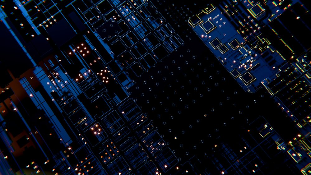 Close-up illustration of a glowing blue circuit board.