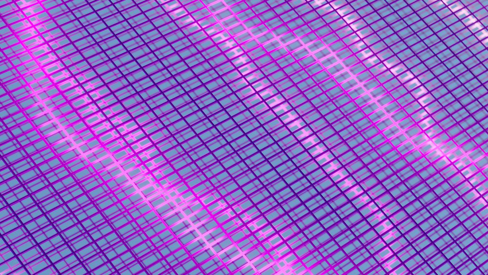 Surface of a solar panel featuring blue photovoltaic cells arranged in a grid with pink highlights.