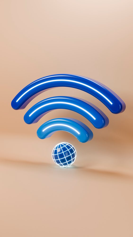 3D rendered blue wifi symbol with globe icon below the arcs on a beige background representing wireless internet connectivity.