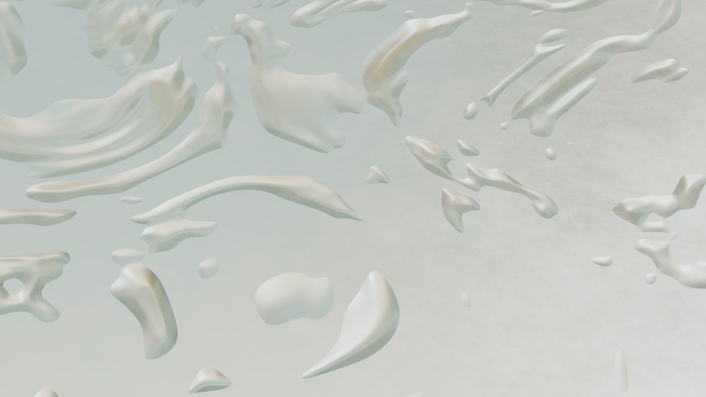 Three-dimensional abstract white shapes floating on a pale background in a minimalist artistic composition.