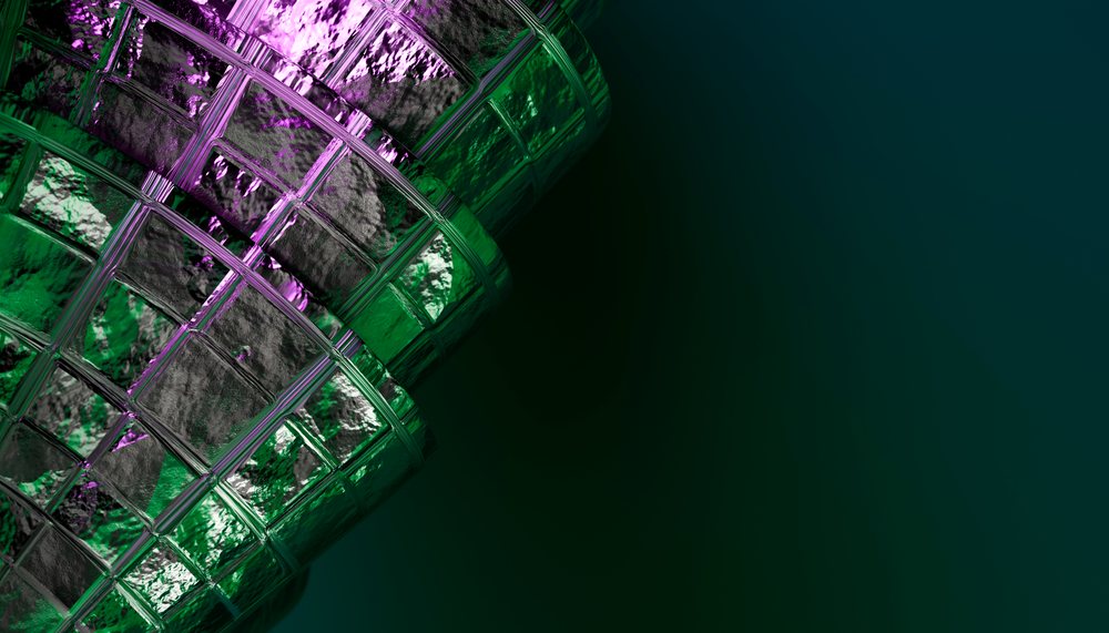 Glass tiles with green and purple reflections showing a textured, curved decorative surface on dark background.