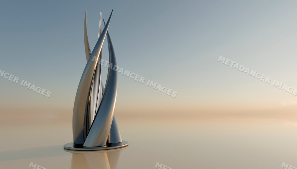 A modern twisting metal sculpture stands in a reflective open space