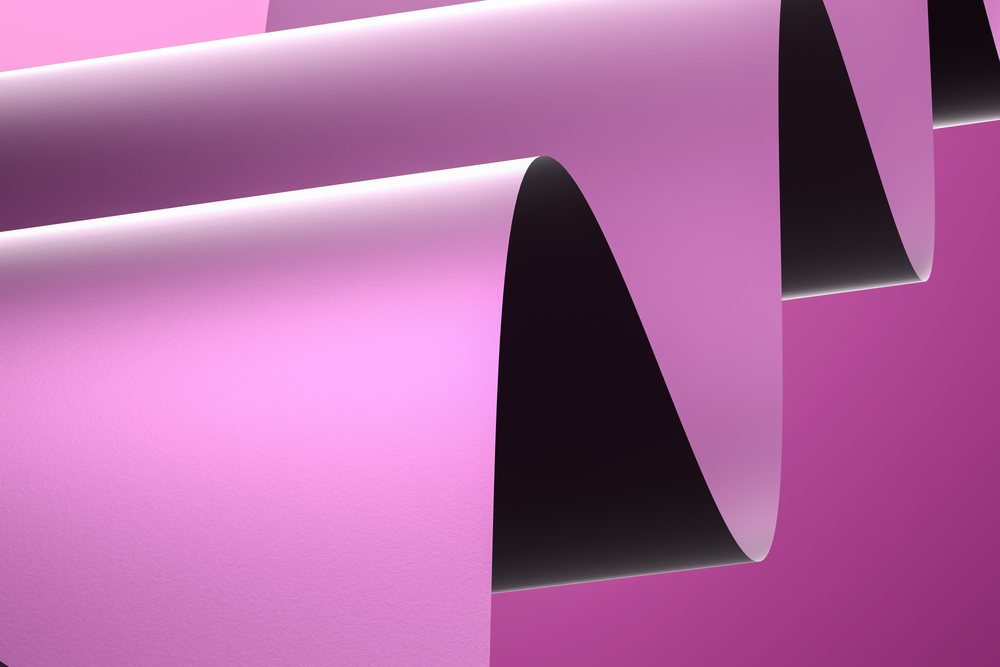 abstract pink folded paper with smooth curves creating artistic shapes and shadows, abstract render background.