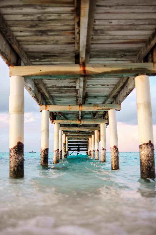 View underneath a wooden pier over clear tropical sea water