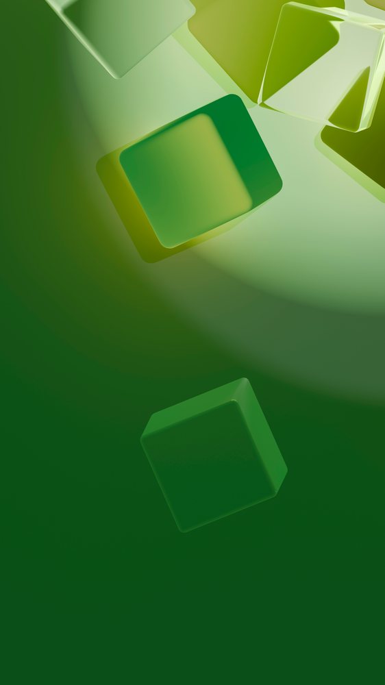 Floating green 3D cubes with smooth rounded edges against an abstract green gradient background form a modern digital illustration.