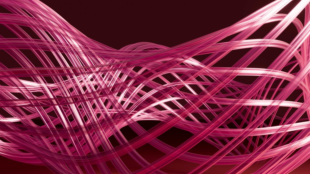 Abstract pink curved lines form flowing digital light trails on a dark background, creating a dynamic wave pattern.