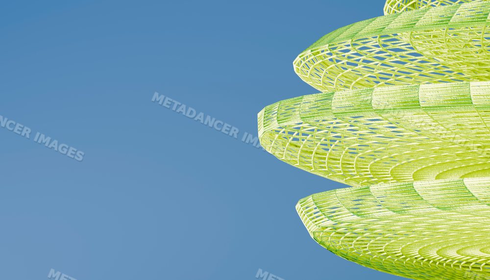 Green 3d architectural rendering of spiral structure with blue sky