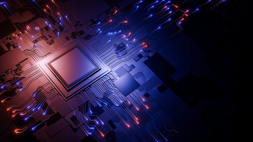 abstract render of a glowing computer microchip with electric circuits and blue and red light effects.