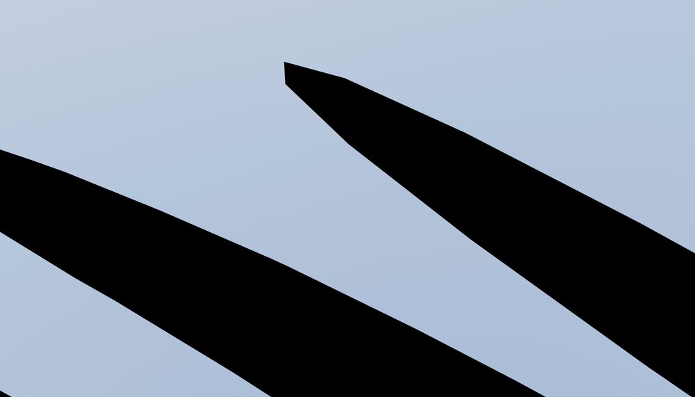 Black abstract shapes with sharp edges on a blue background creating a minimalist modern design.