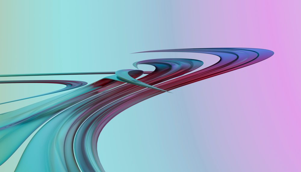 Abstract digital artwork featuring flowing blue and purple curved shapes on a gradient background.