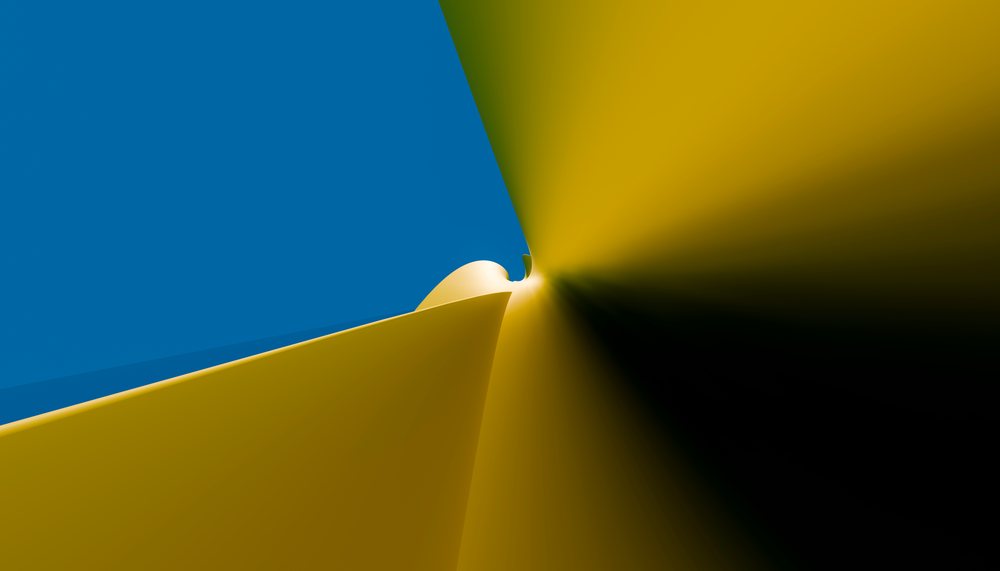 Abstract digital 3D rendering of a smooth yellow curved shape on a blue background.