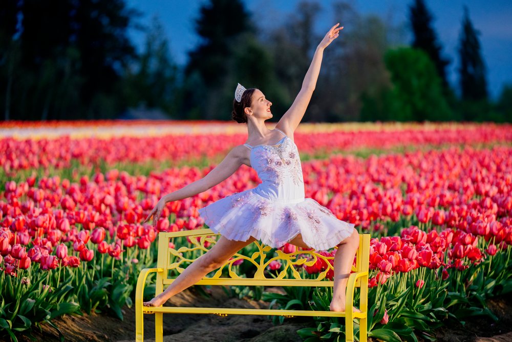 Ballet dancer wearing a tutu and tiara poses gracefully on a yellow bench in a vibrant tulip field outdoors, USA.