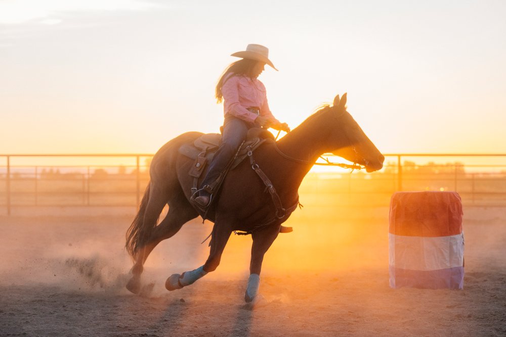 Horse and rider turning around a barrel at sunset in an outdoor arena, Southwest USA.