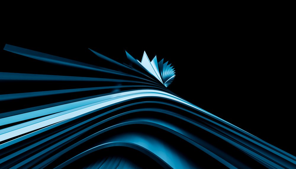 Abstract blue curved shapes form a dynamic flowing pattern with smooth three-dimensional curves on a black background.