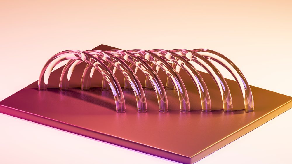 Illustration showing rows of transparent curved tubes on a reflective purple and orange metallic base with smooth geometric patterns.