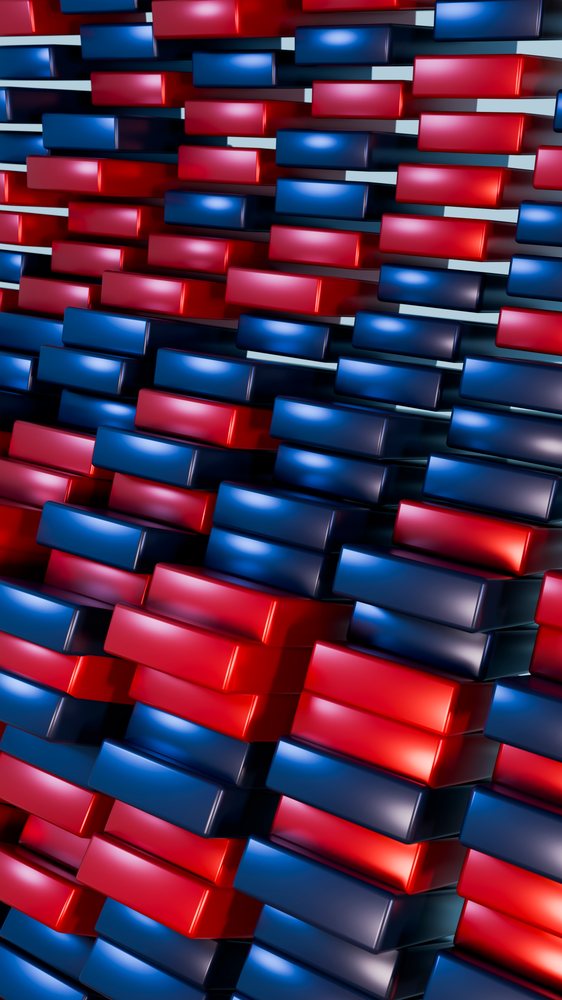 3D rendered stacked rectangular blocks in red and blue form a colorful abstract geometric pattern with shiny surfaces.