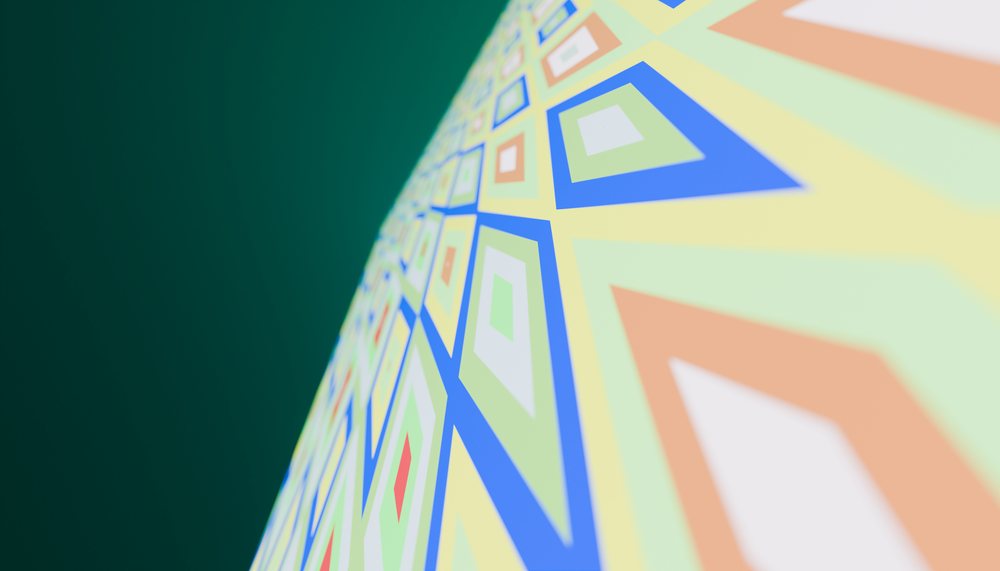 Geometric abstract pattern featuring colorful repeating diamond shapes and blue lines on a flat decorative surface.